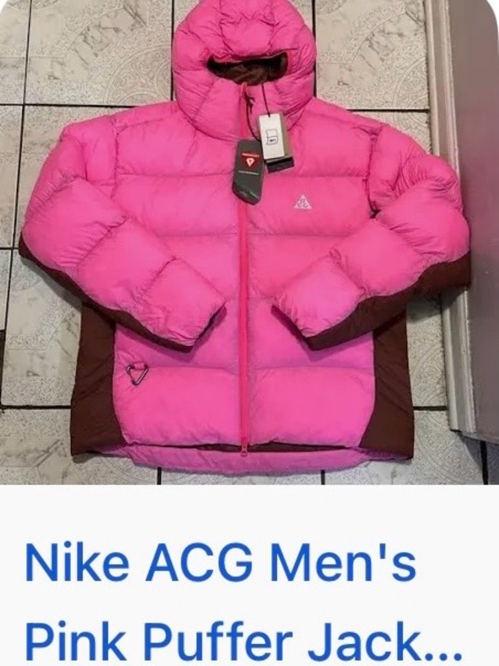 Nike ACG Bright Pink Hooded Puffer Jacket with Brown Panels